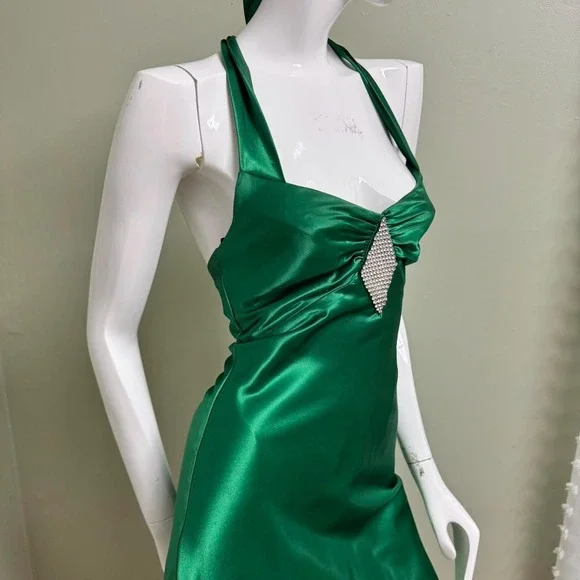 VTG Jessica McClintock Gunne Sax Emerald Green Satin Halter Prom Dress Size 1 - Picture 2 of 6